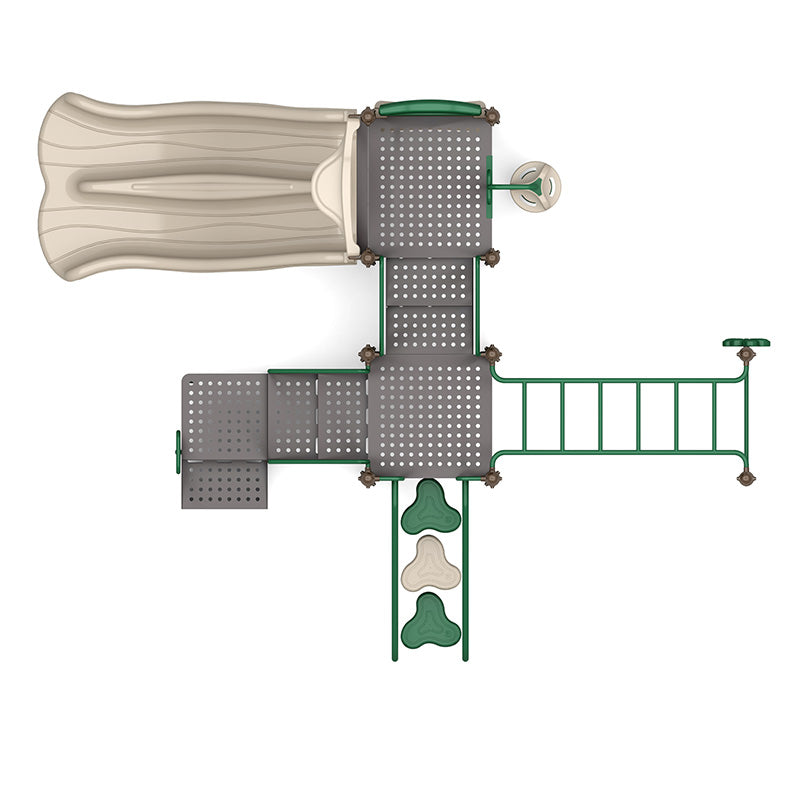 Overhead view of a playground system with double slide, climbing ladder, platforms, and steering wheel play feature