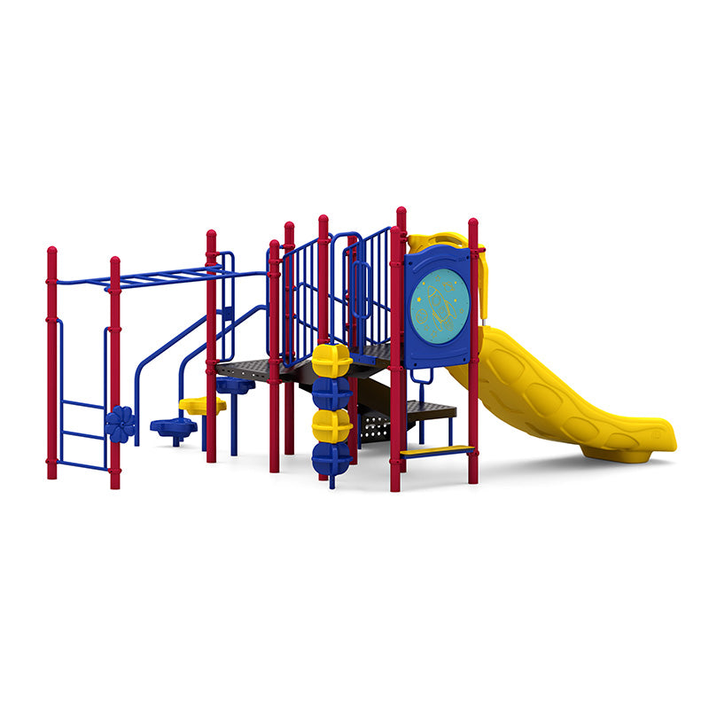 Colorful playground structure with red posts, blue climbing elements, yellow slide, and space-themed interactive panels.