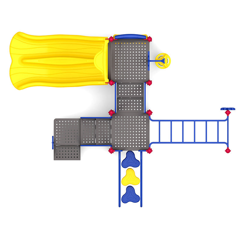 Overhead view of colorful playground with double yellow slide, climbing ladder, and interactive play panels