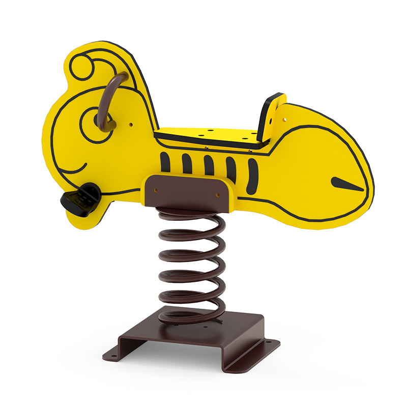 Bee Rider spring rider with yellow bee design, black stripes, brown spring base, and seat handles for playground fun