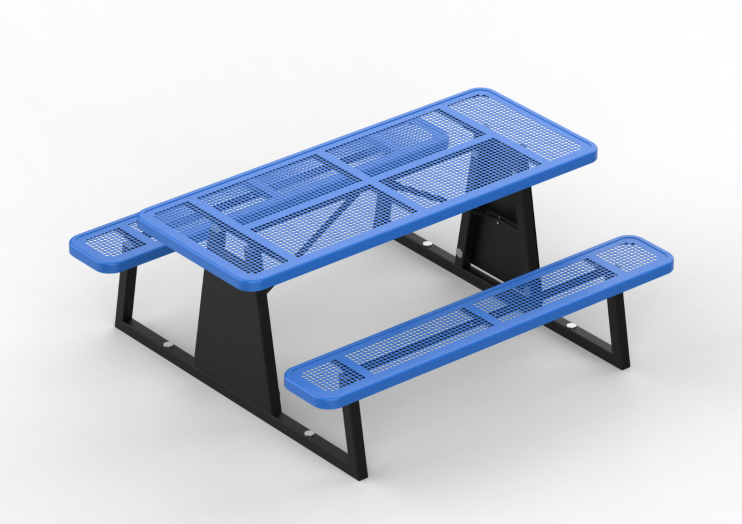 Brandmark Thermoplastic Table with blue powder-coated steel frame and perforated recycled plastic planks, outdoor picnic table design