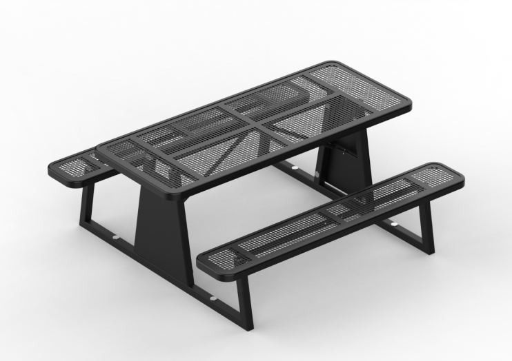 Powder-coated steel outdoor picnic table with black thermoplastic mesh top and attached benches, durable and weather-resistant