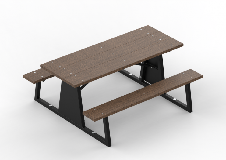 Brandmark Recycled Table picnic table with powder-coated steel frame and dark recycled plastic planks, angled view