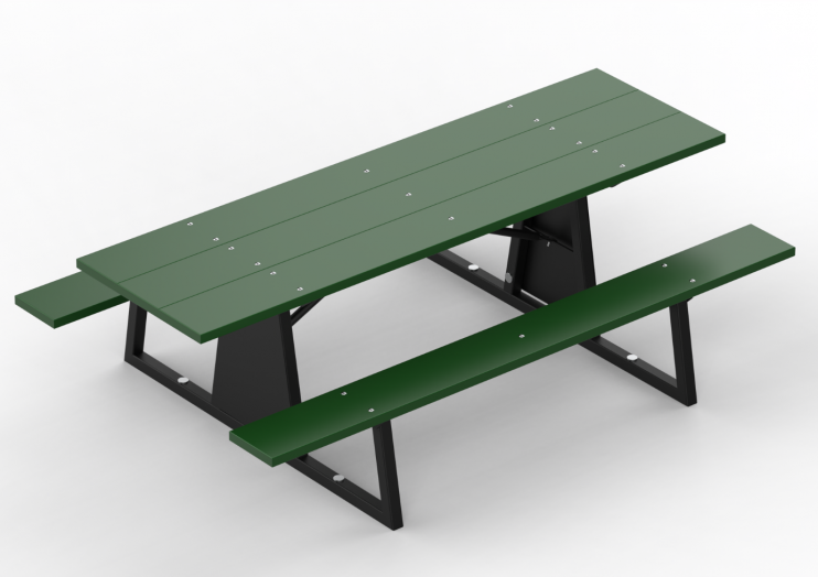 Outdoor picnic table with green recycled plastic planks, black powder-coated steel frame, and zinc-plated hardware