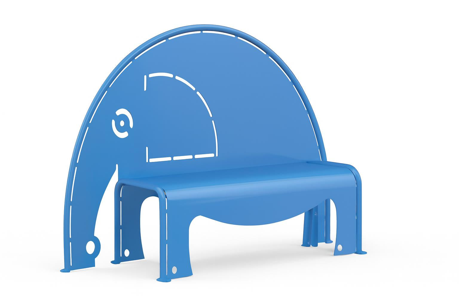 Bright blue 4' Elephant Bench metal park seating with playful elephant design and children nearby in outdoor playground