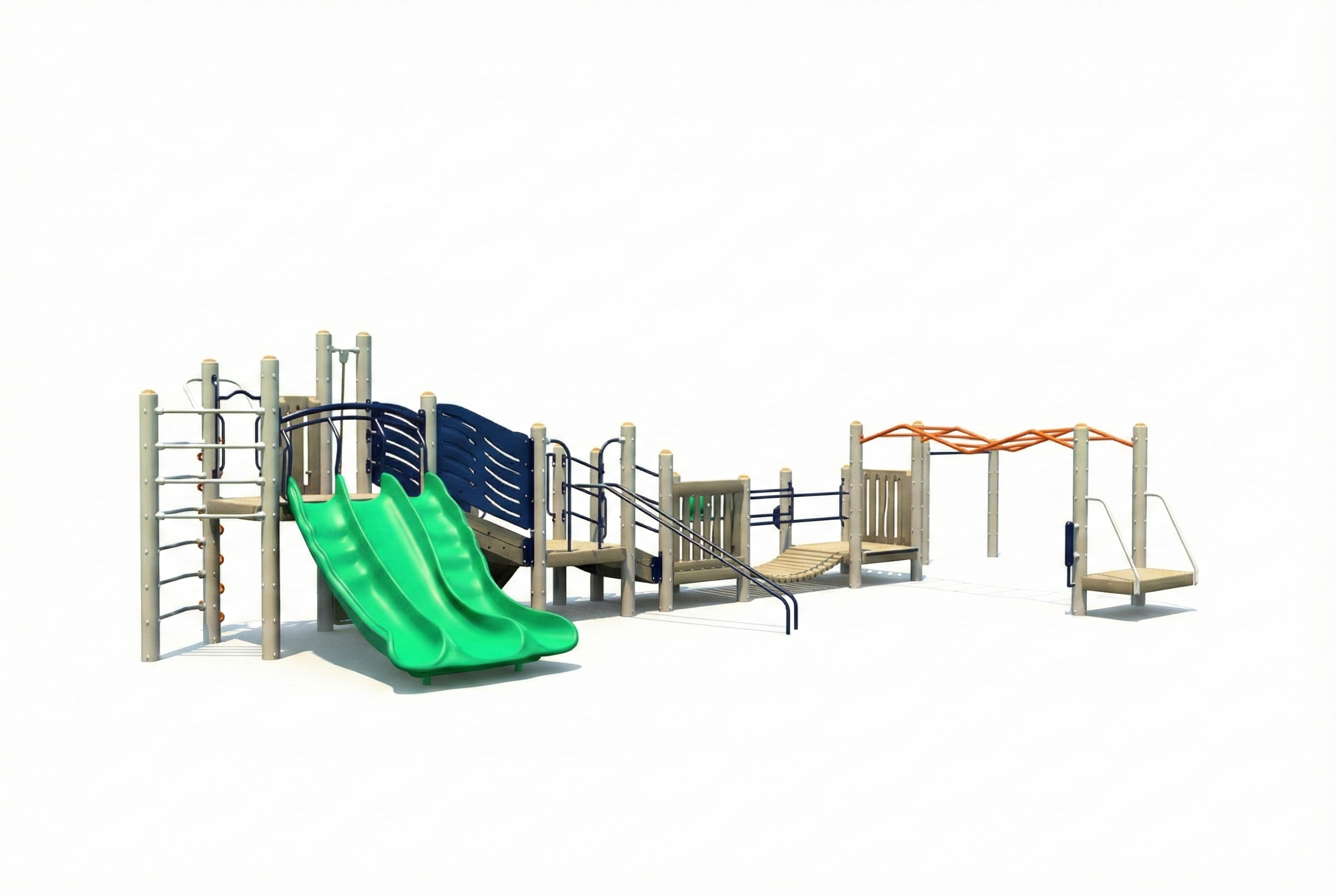 Everglade Play System with triple green slides, monkey bars, climbing structures, and beige support posts on woodchip ground cover