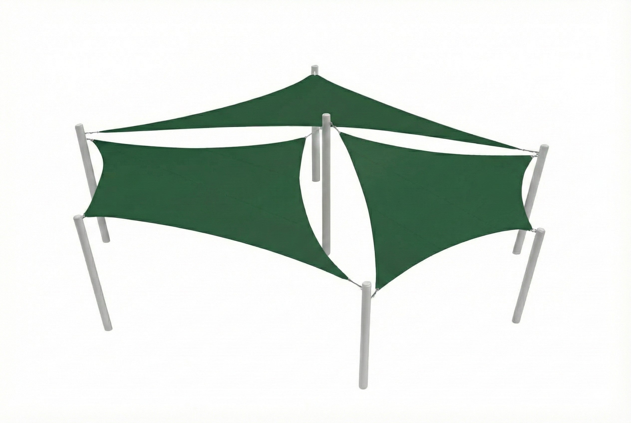 Green hyperbolic 4-point sail shade tensioned between four white support columns, designed for optimal sun protection