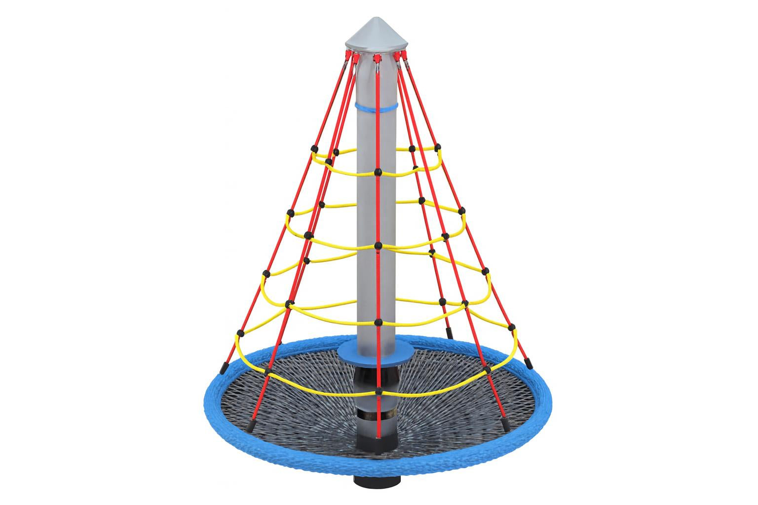 Spiral Carousel ADA Compliant climbing equipment with red and yellow conical rope net and blue circular bird’s nest for accessible play