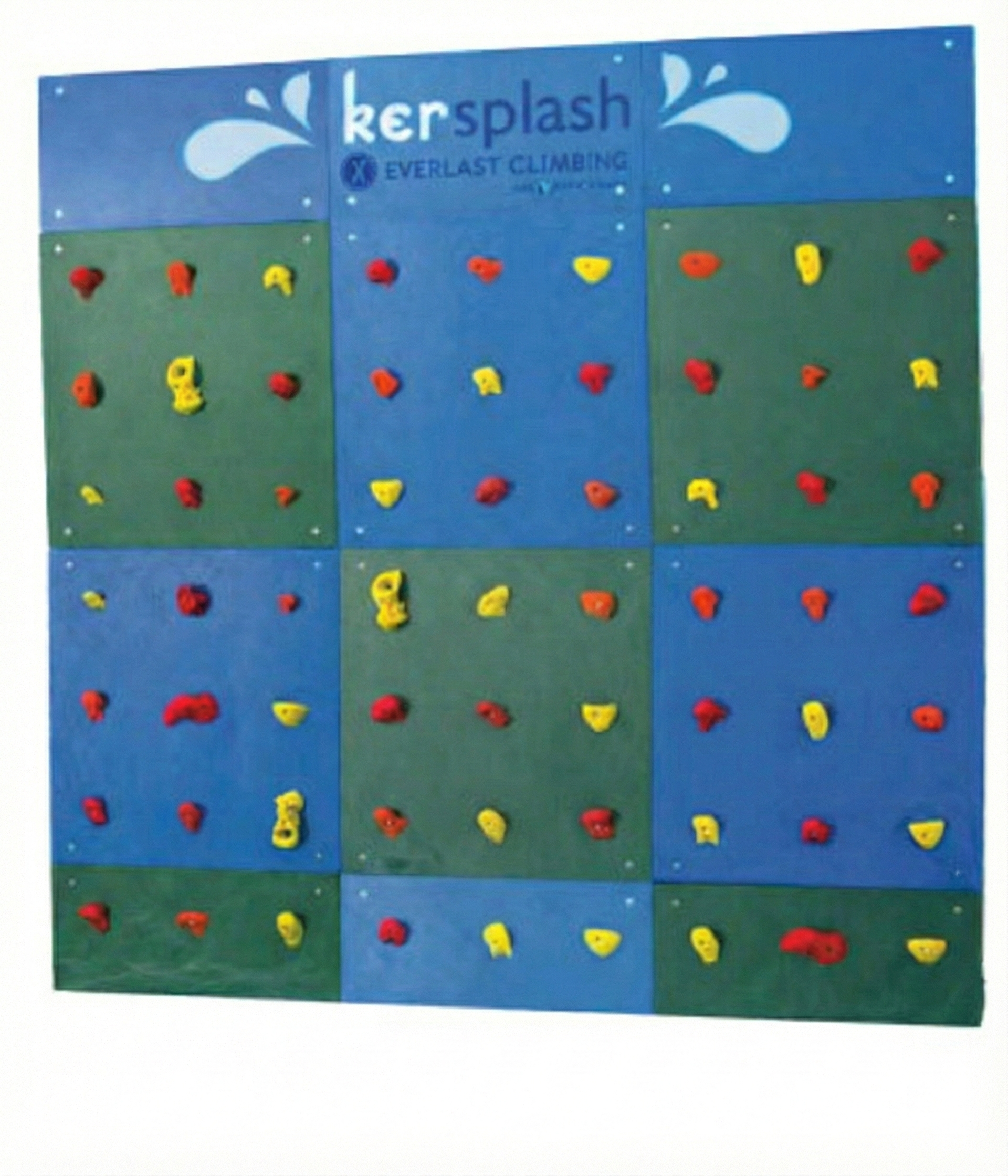 Kersplash Solid Color Pool Climbing Wall with blue and green panels and red, yellow, and orange Groperz hand holds on stainless steel frame