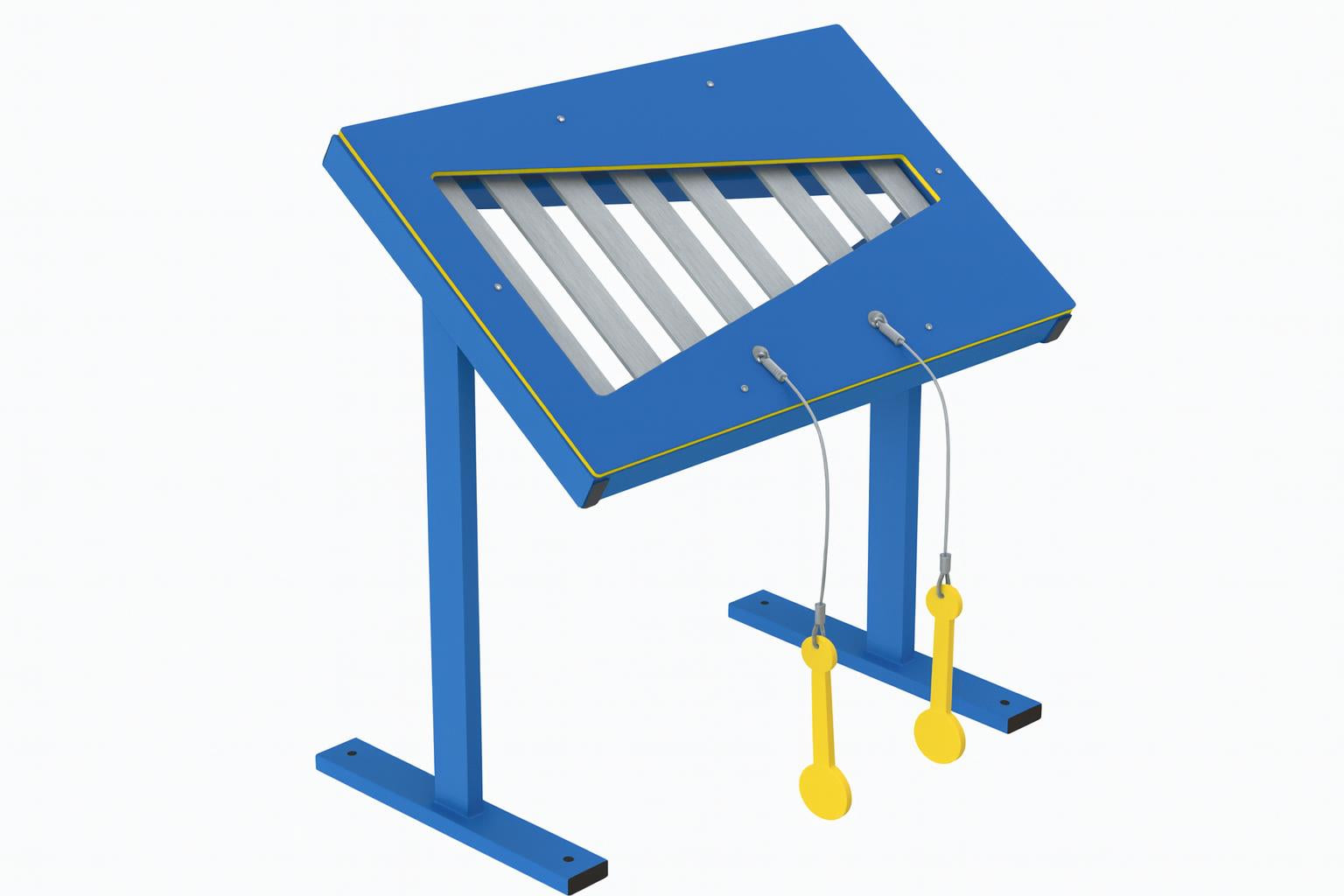 Xylophone Musical Freestanding Play Event with blue steel frame, silver bars, and attached yellow paddles for outdoor playground use