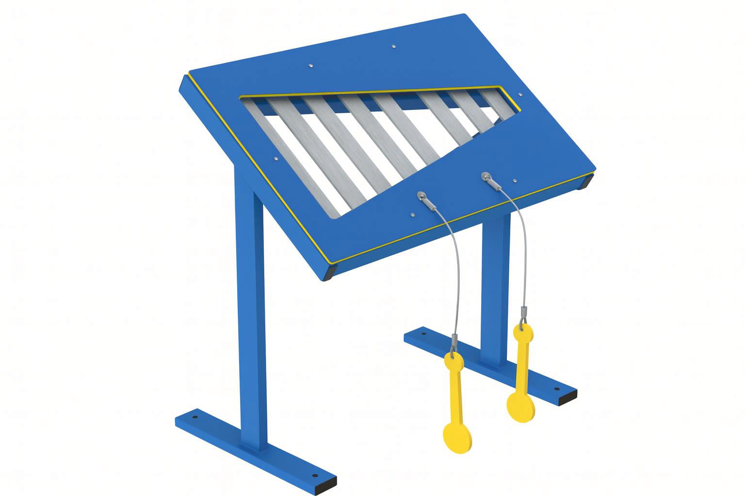 Xylophone Musical Freestanding Play Event with blue steel frame, silver bars, and attached yellow paddles for outdoor playground use