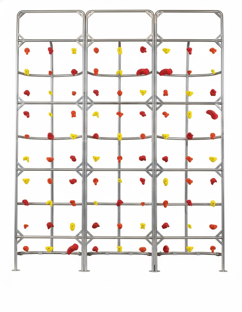 Overhead view of Kersplash Crystal Clear Pool Climbing Wall with stainless steel frame and colorful Groperz hand holds