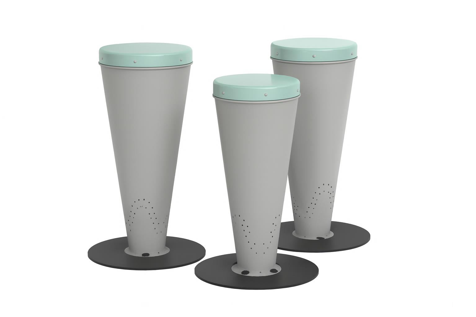 Bossa Nova Drums Set with three powder-coated steel drums in gray and mint green, designed for outdoor musical play.