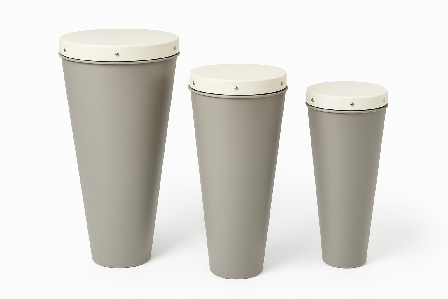 Bossa Nova Drums Set with three taupe and cream powder-coated steel drums, Brazilian-inspired outdoor percussion instrument