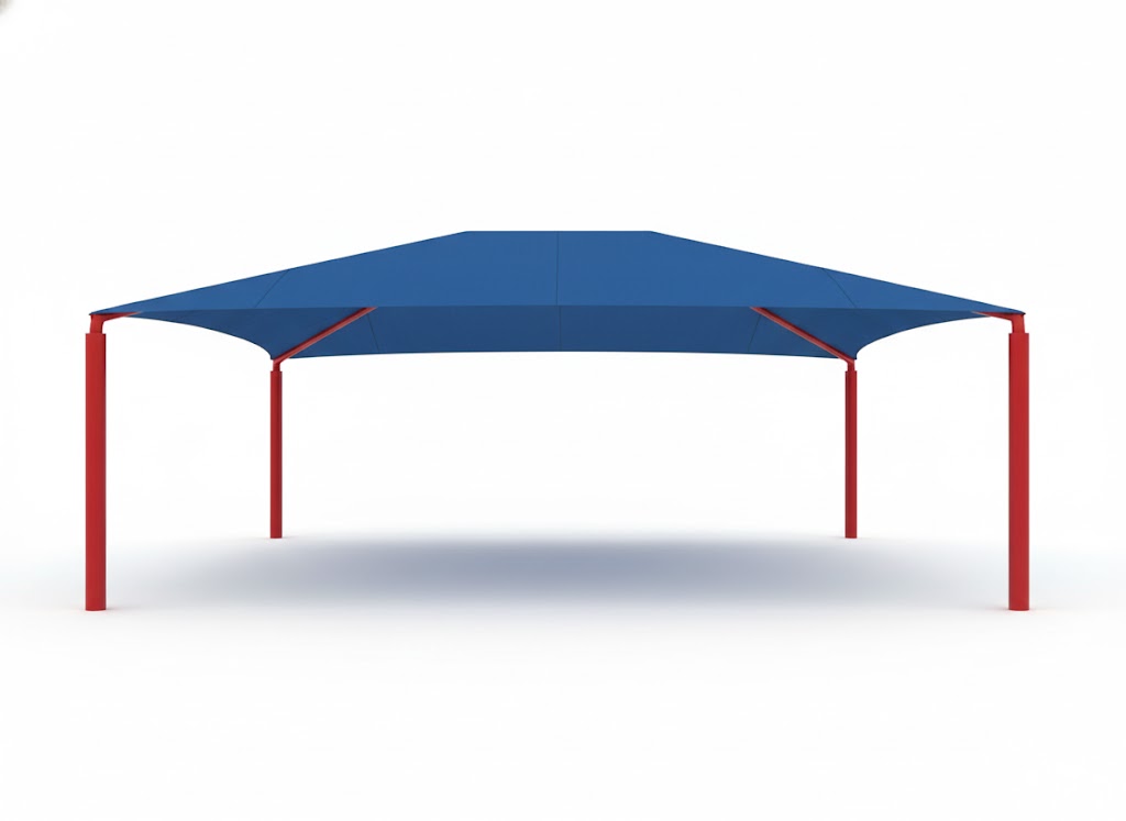Hip Roof Shade Structure with 4 red posts and blue rectangle hip roof canopy for playground or picnic shade