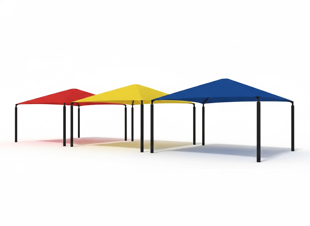 Hip Roof Shade Structure with 4 Posts in red, yellow, and blue, durable outdoor playground and picnic area shade with HDPE fabric blocking UV rays