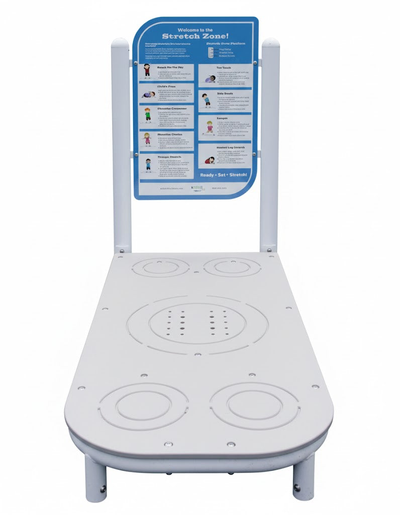 ActionFit Kids Stretch Zone outdoor workout equipment with colorful kid-friendly stretch diagrams and circular foot markers on the platform