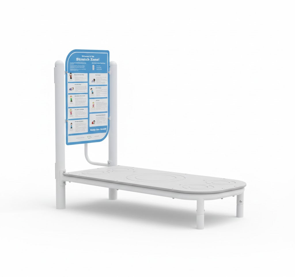 ActionFit Kids Stretch Zone outdoor workout equipment with instructional panel and child-friendly stretch diagrams for kids' flexibility exercises