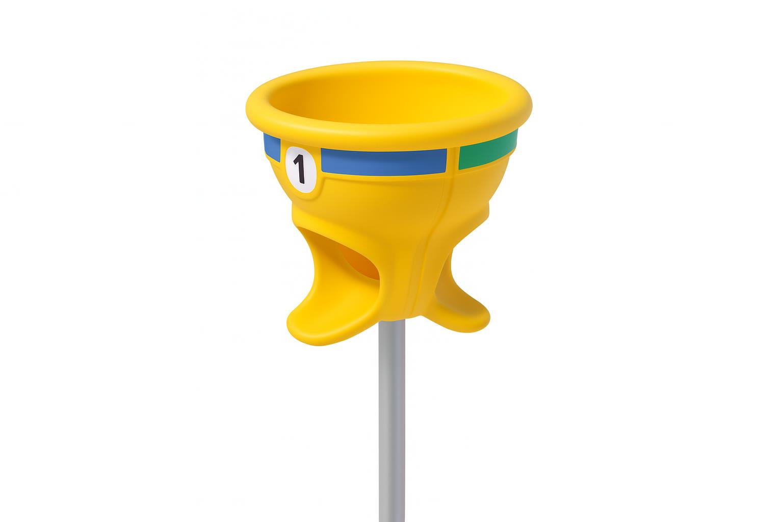 Playground Funball Hoop in bright yellow with blue and green accents on a gray pole, designed for inclusive outdoor play.