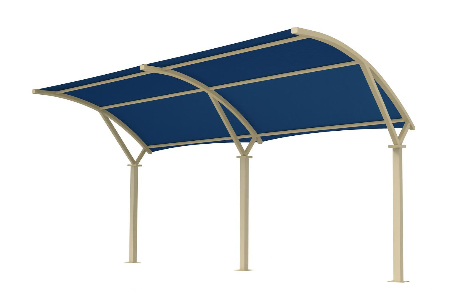 Eclipse 2 Post Arch Shade Structure with beige metal frame and blue fabric canopy, elegant outdoor shade for seating areas