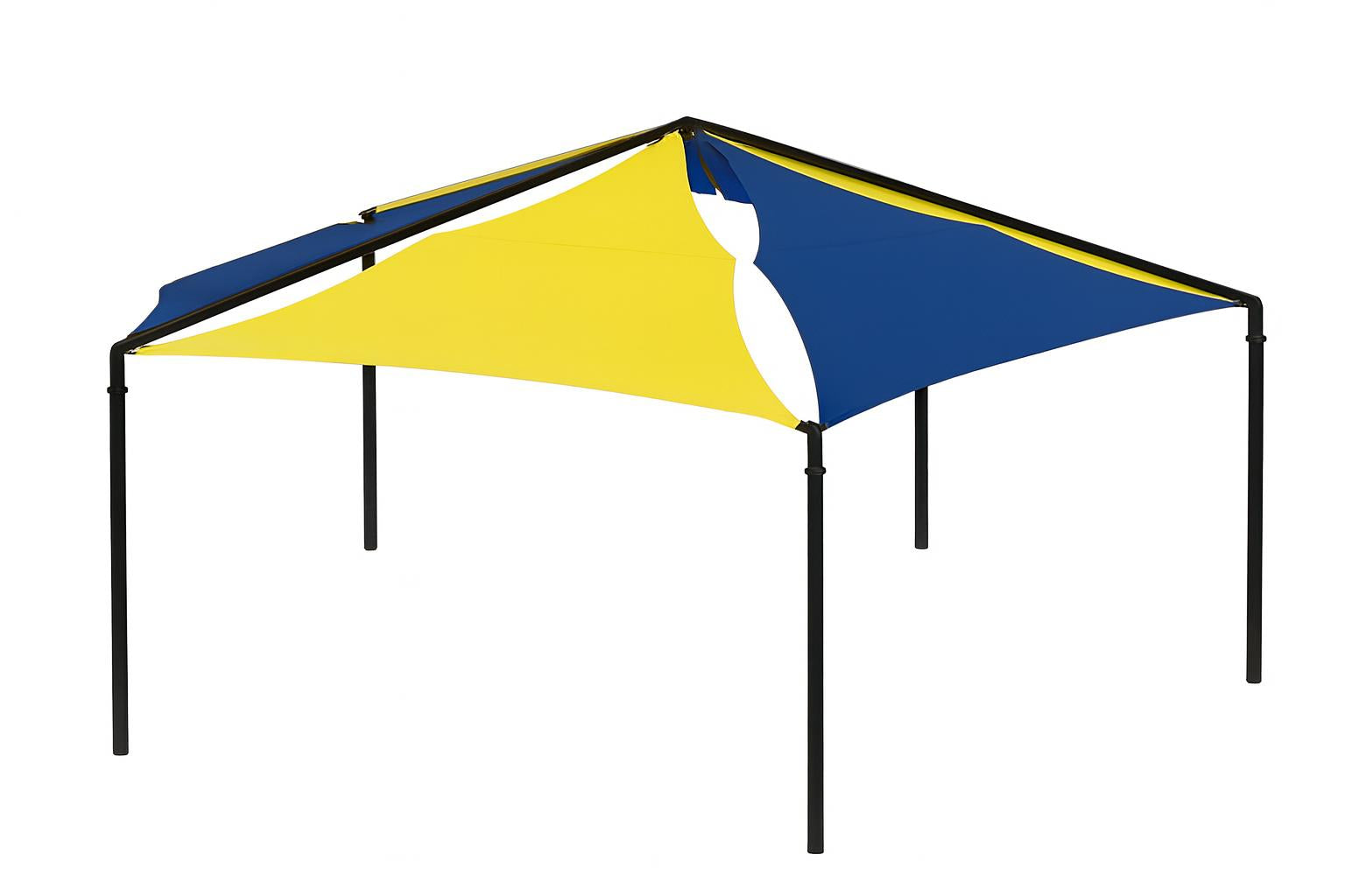 Hexagon Multi-panel Shade Structure with alternating yellow and blue fabric panels on black metal frame providing sun protection and architectural style