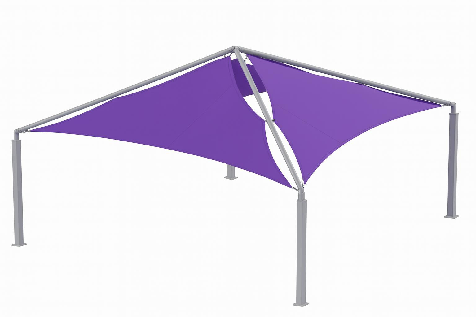 SuperSpan Hip Multi-Panel Shade Structure with vibrant purple fabric panels and sturdy gray four-post frame