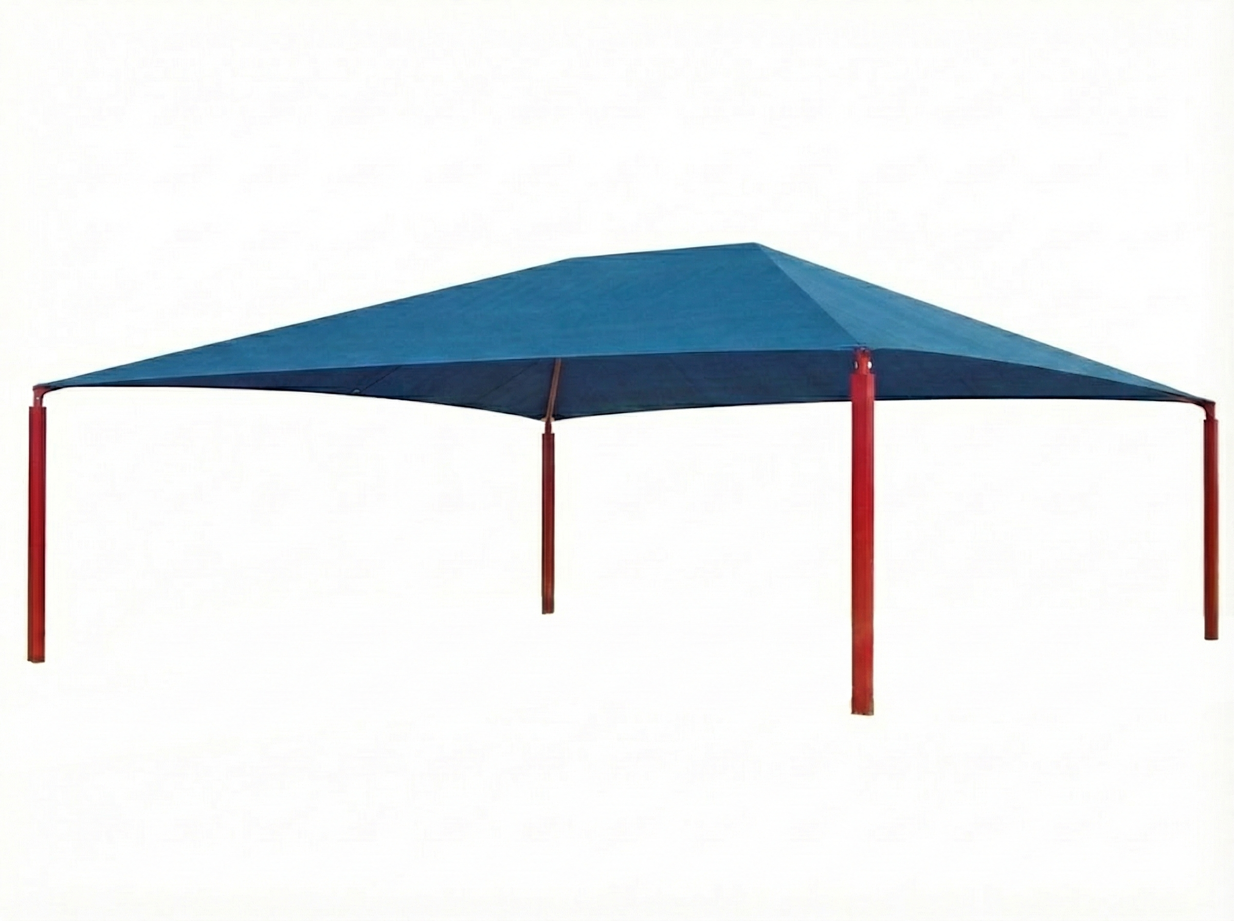 Hip Roof Shade Structure with 4 red posts and blue rectangular hip roof canopy for playground or picnic shade