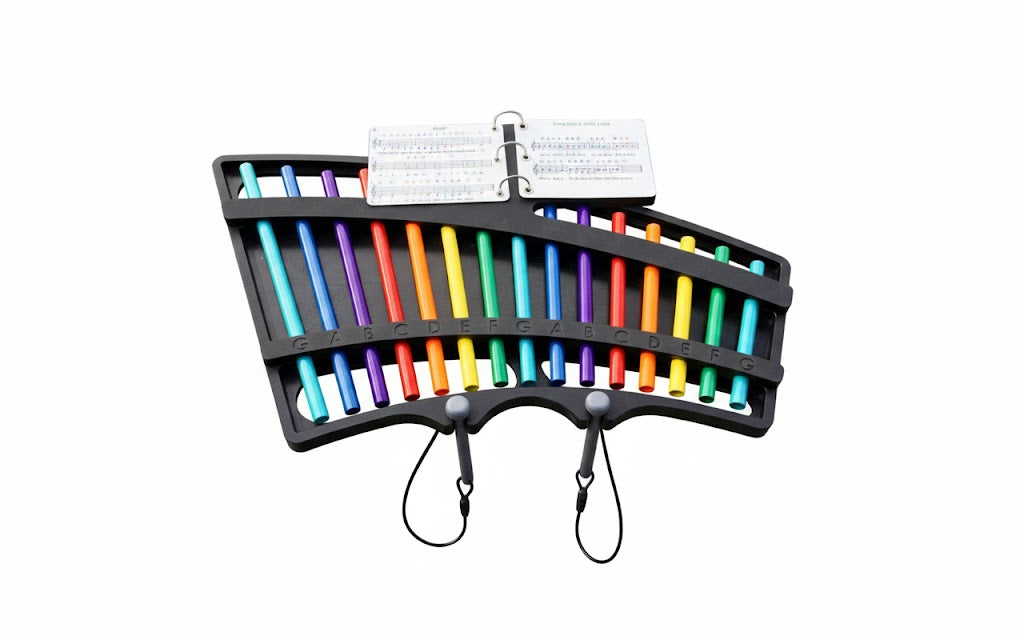 Serenade Outdoor Musical Park Instrument with 15 colorful diatonic chimes, color-coded notes, and attached songbook for outdoor play.