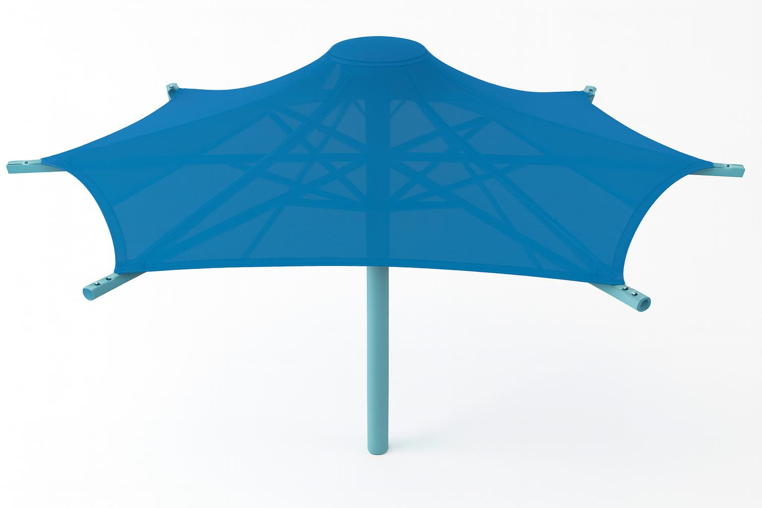Overhead view of Twilite 8 Point Shade Structure with blue fabric canopy and single central support column