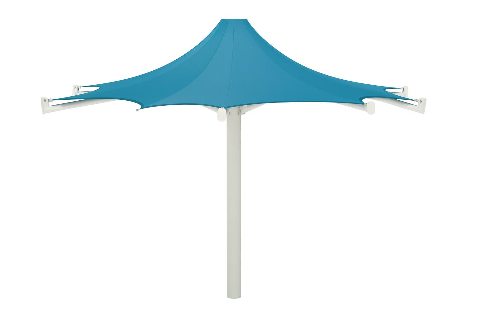 Twilite 8 Point Shade Structure with blue fabric roof and single white support column, modern outdoor umbrella design