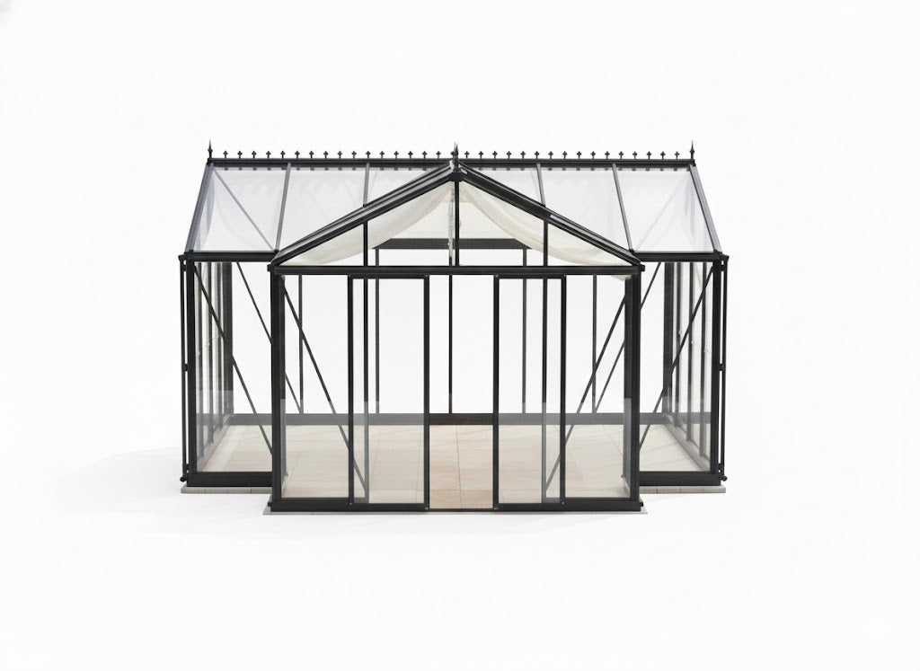Royal Orangerie Accessory Kit with black metal frame, white shade curtain, glass panels, narrow top shelf, seed-tray shelf, and misting system for greenhouses