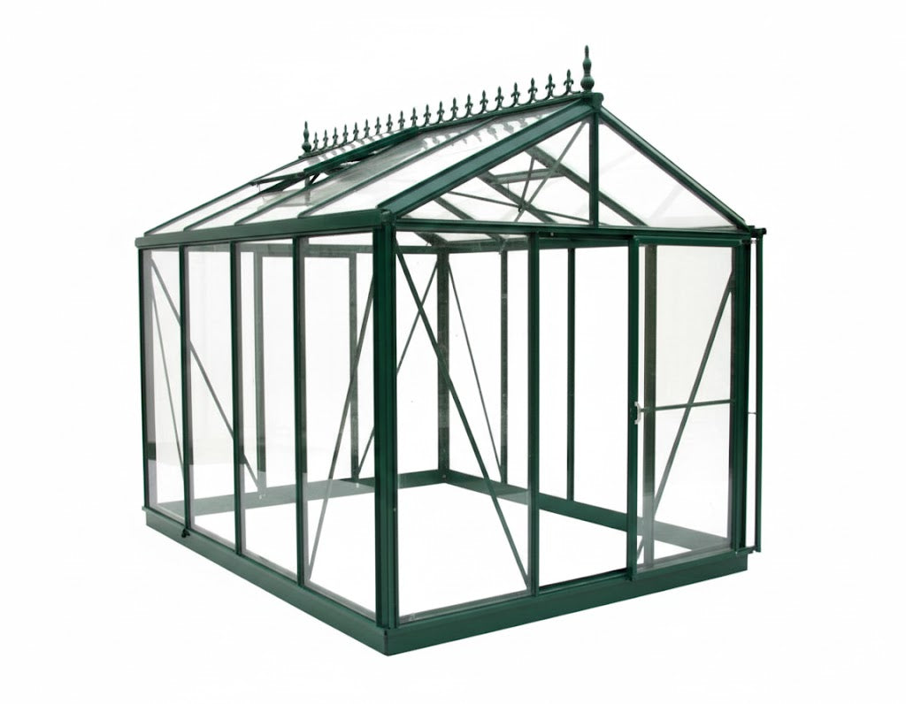 Royal Victorian Greenhouse with dark green aluminum frame, clear glass panels, pitched roof, and decorative finials