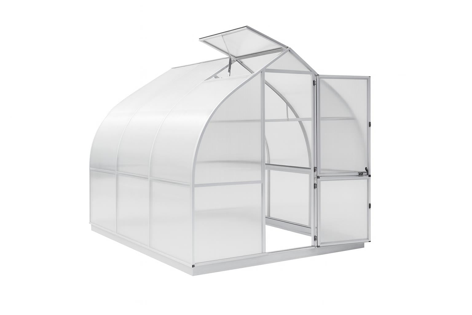 Riga 3 Greenhouse with curved twin-wall polycarbonate panels, automatic roof vent, barn-style door, and large rear window