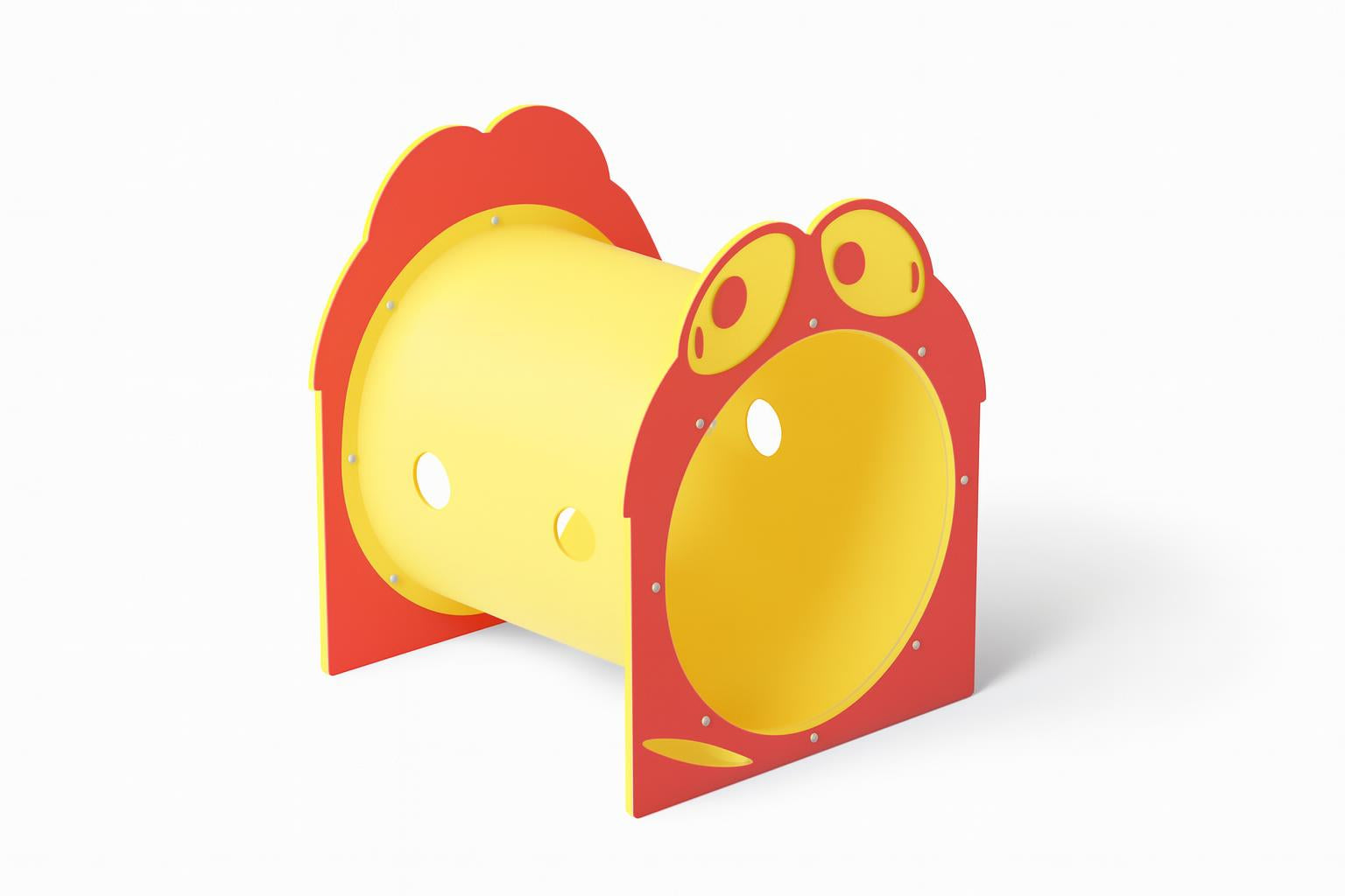 Silly Sam Single Tunnel climbing tunnel with bright yellow tube and red cartoon chicken face ends on grass