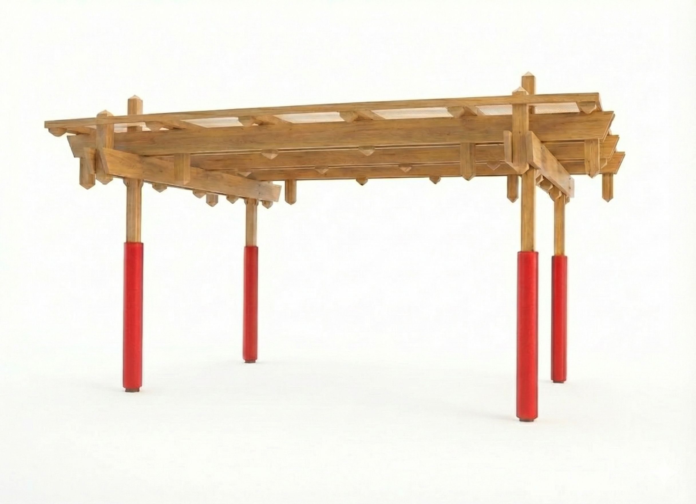 Red Safety Pole Pad wrapped around square playground shade structure pole near slide, smooth foam padding with weather-resistant vinyl cover