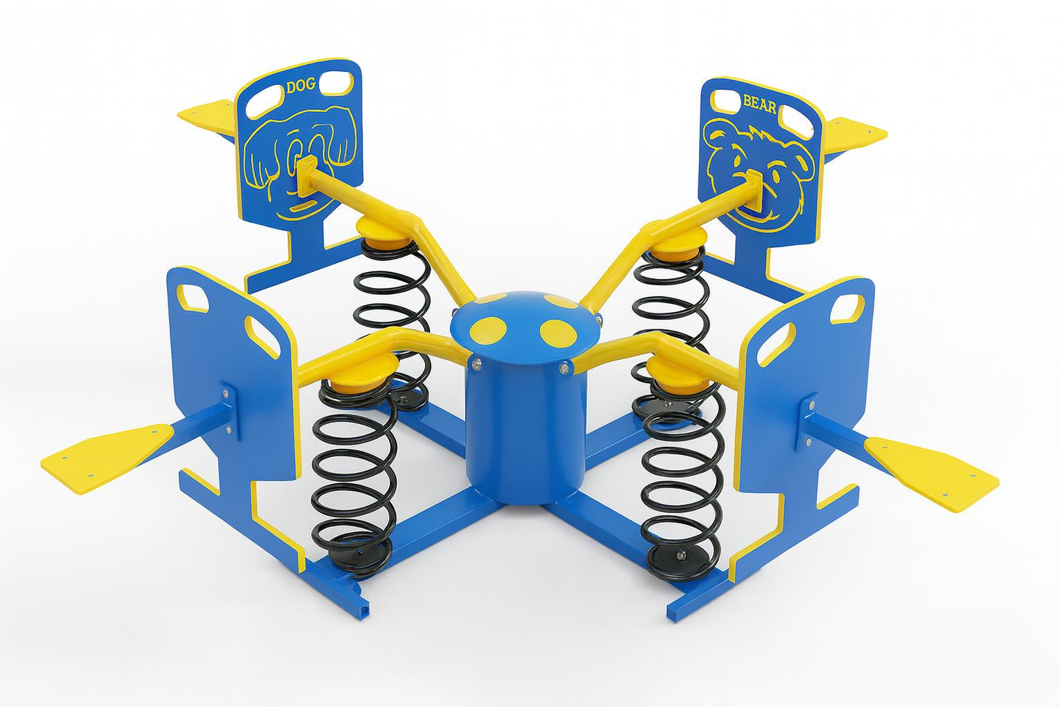 Animal Spring-About Multi-Person Spring Rider with four blue and yellow animal-themed seats and black coil springs on grass