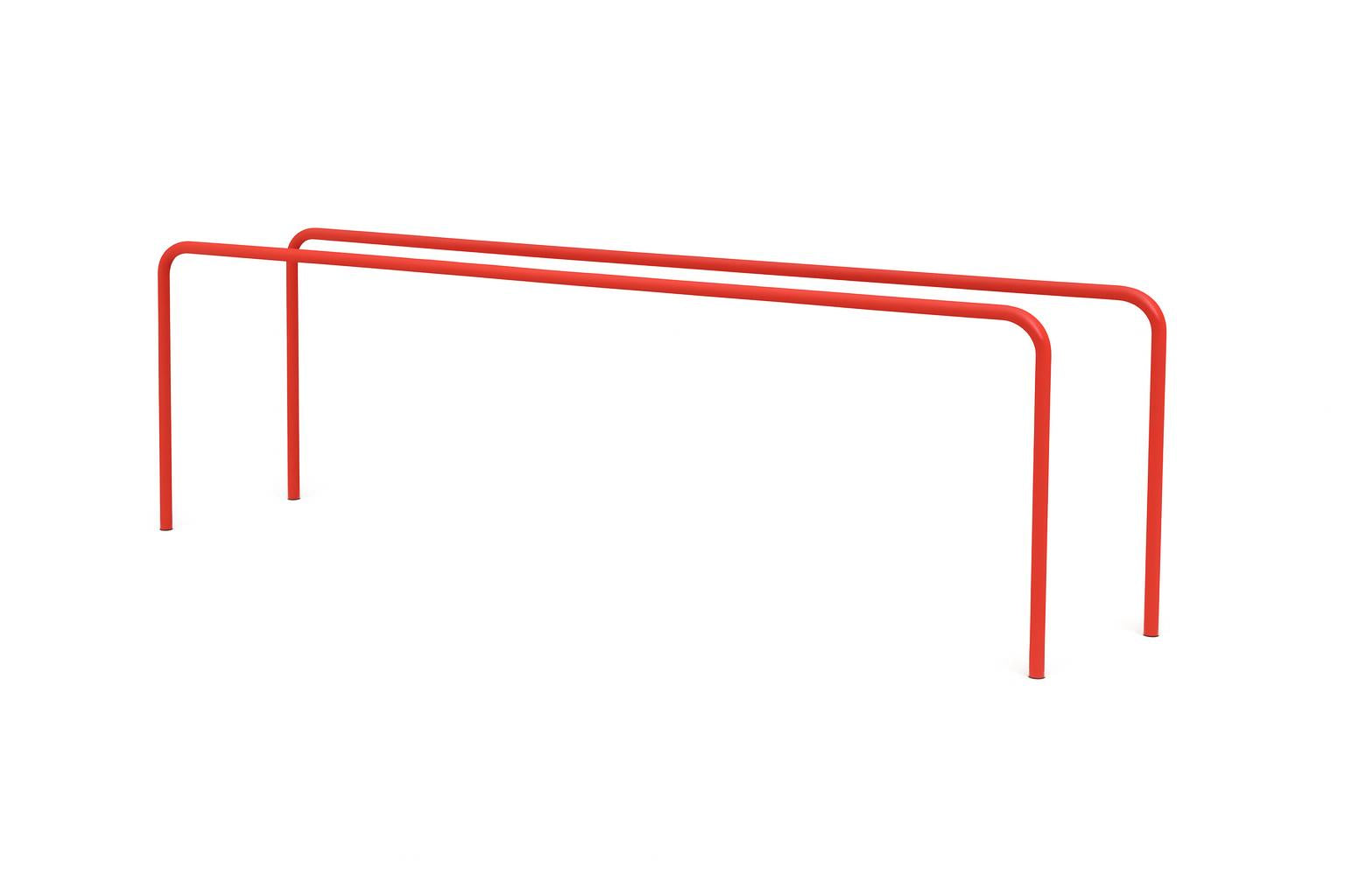 Parallel Bars Challenge with red powder-coated bars and child climbing for fitness and agility on playground equipment