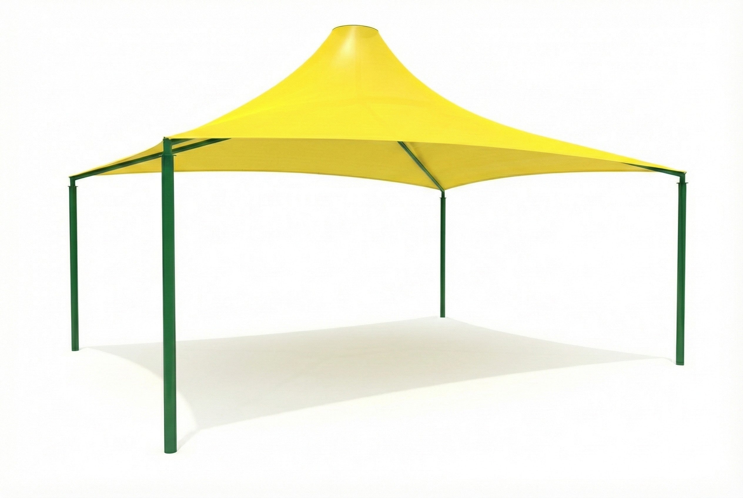 Sahara Roof Shade Structure with 4 Posts, bright yellow conical shade supported by green posts over playground equipment in sunny park