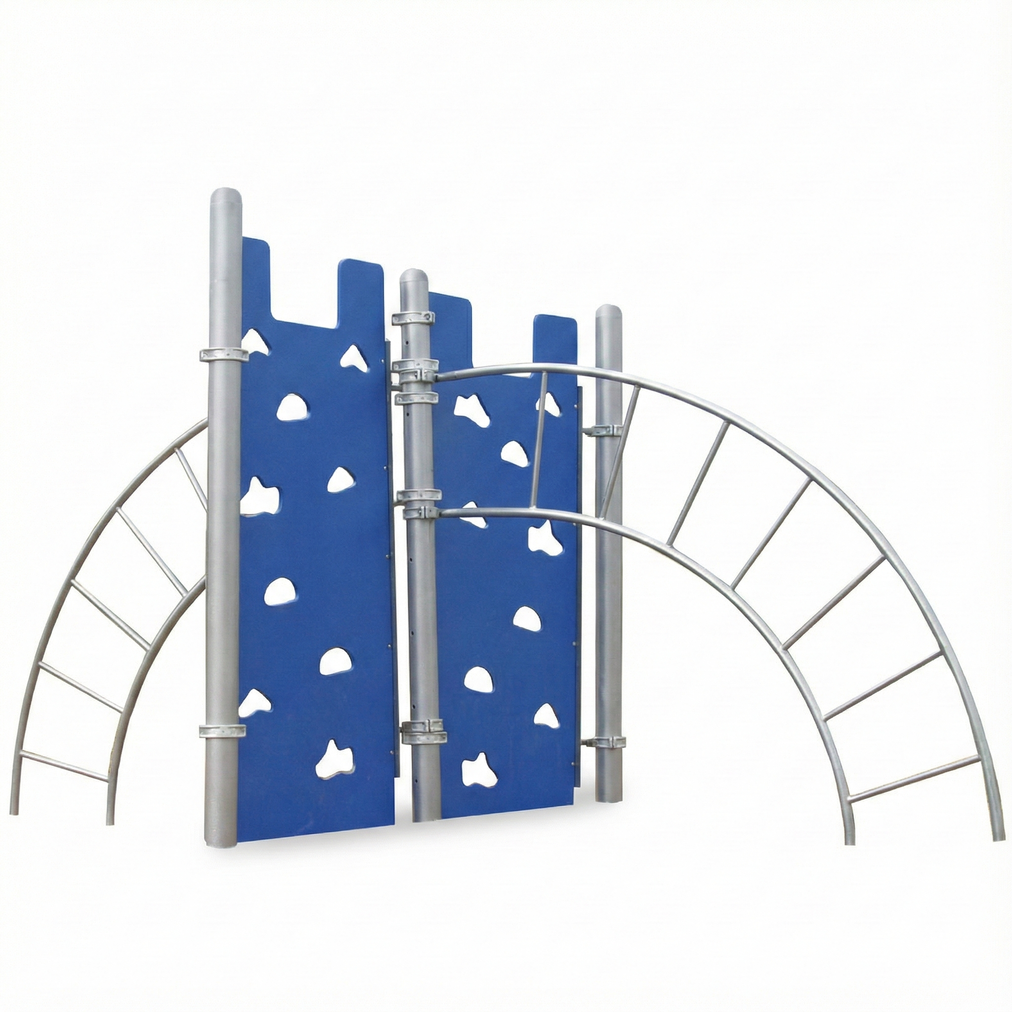 Hercules IV Climber with dual blue climbing walls and curved metal ladders, outdoor playground climbing equipment