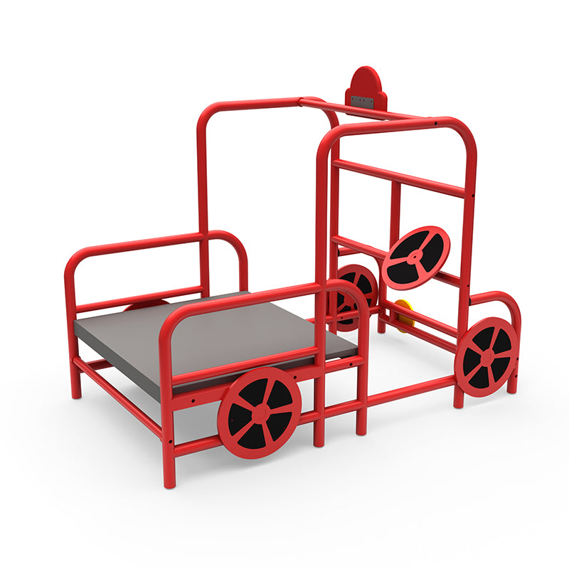 Red metal fire engine play structure with black wheel designs and a platform seat for group imaginative play