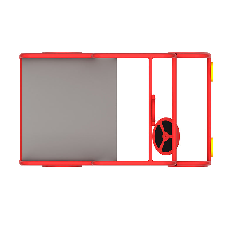 Overhead view of a red ride-on fire engine play equipment with steering wheel and flashing lights for sensory integration training