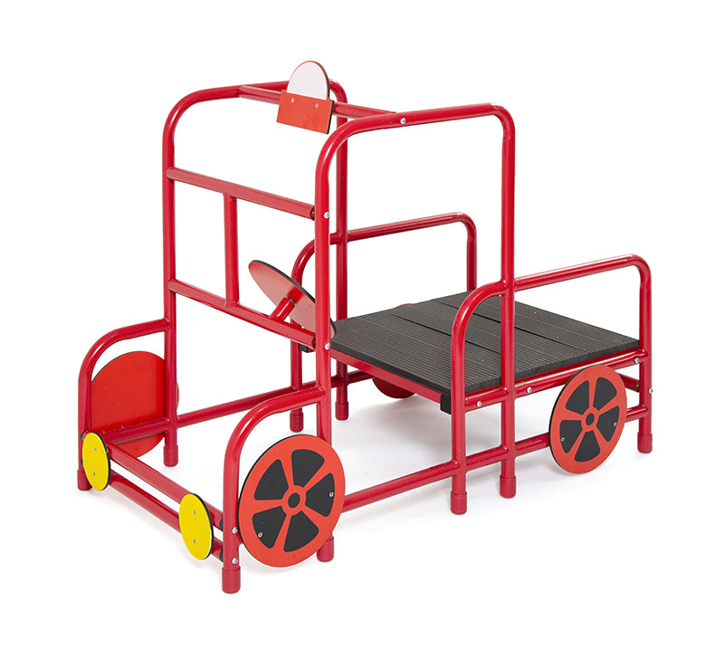 Fire Engine Sensory Integration Training with red metal frame, black platform seat, decorative wheels, designed for group imaginative play and sensory development