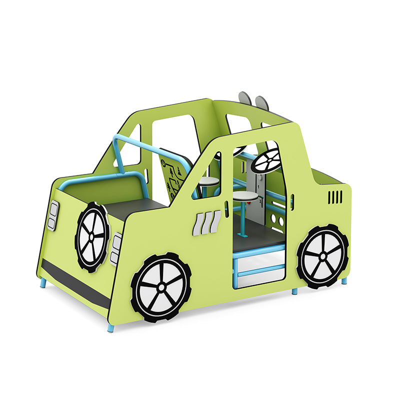 Bright green and blue freestanding play car with steering wheels, seats, and interactive panels for imaginative play.