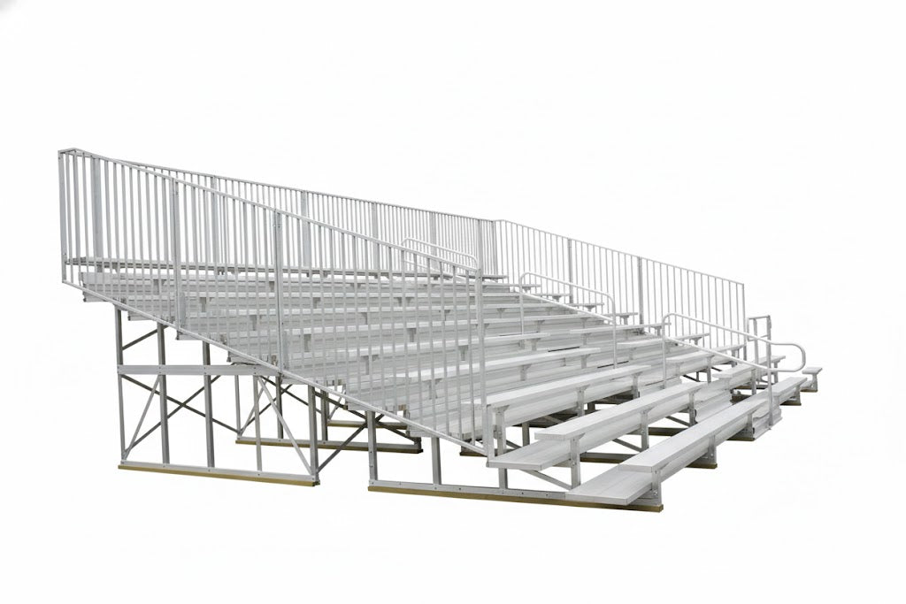 10 Row Deluxe Bleachers with anodized aluminum seating, vertical picket guardrails, handrails, and sturdy frame for outdoor sports venues