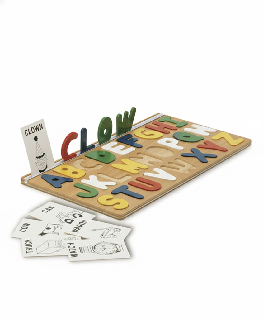I Can Spell! Alphabet Puzzle with colorful raised primary color letters and word cards on wooden board for spelling play