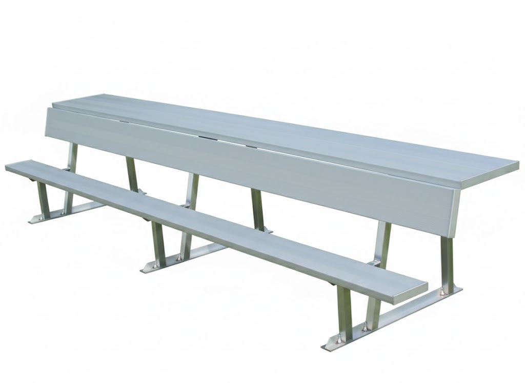 Portable Bench with Backrest & Shelf in anodized aluminum with sturdy legs on grass near green shrubs