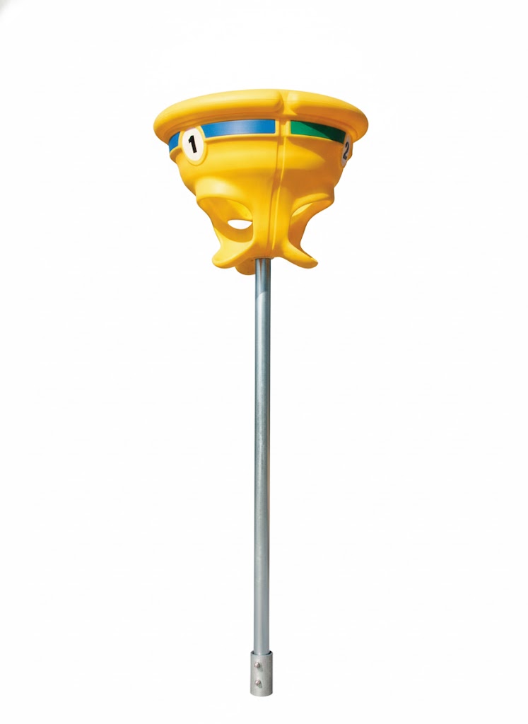 Playground Funball Hoop with bright yellow circular hoop on tall gray metal pole, designed for inclusive outdoor play
