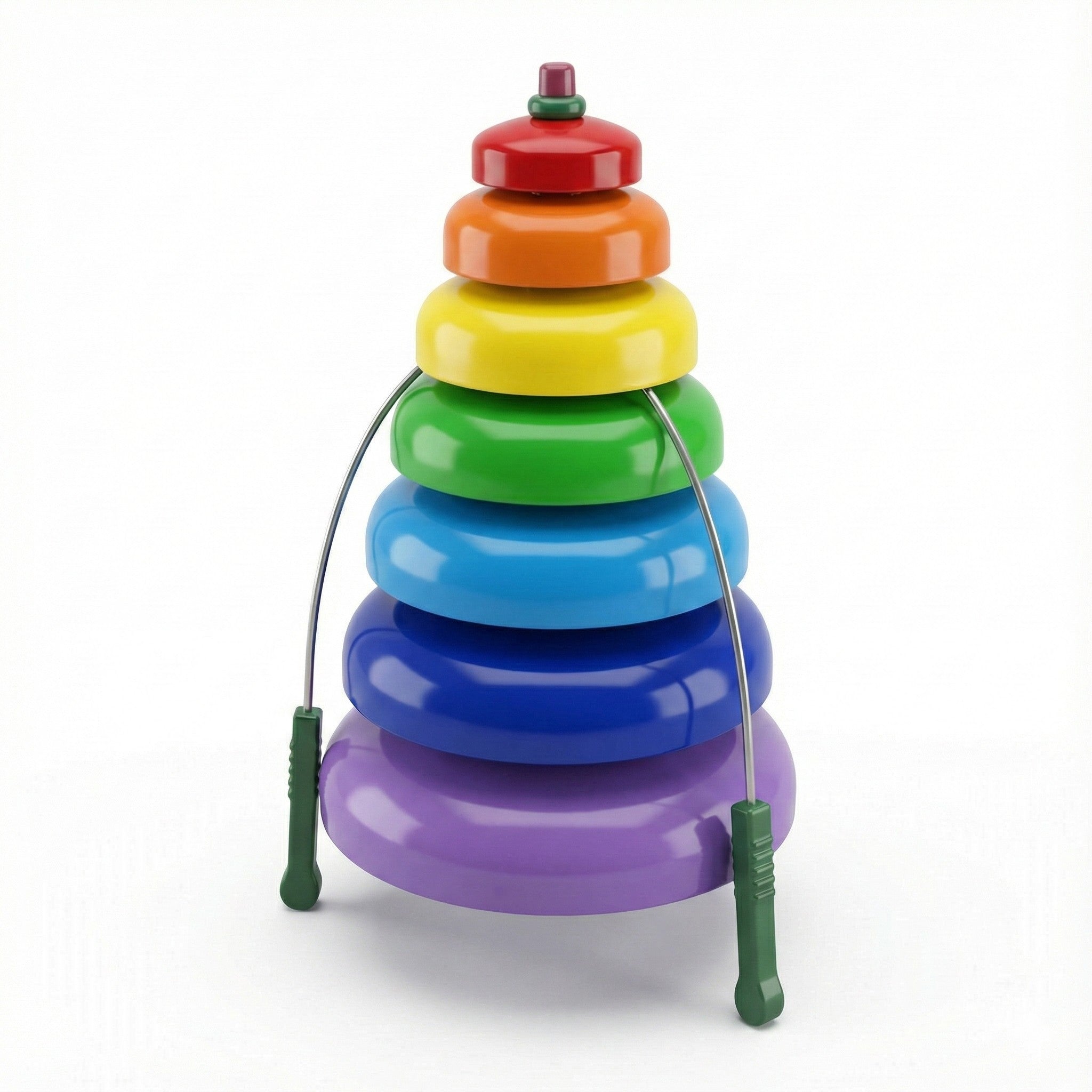 Bell Tree rainbow-colored outdoor percussion instrument with seven stacked bells and attached mallets on grass for interactive musical play