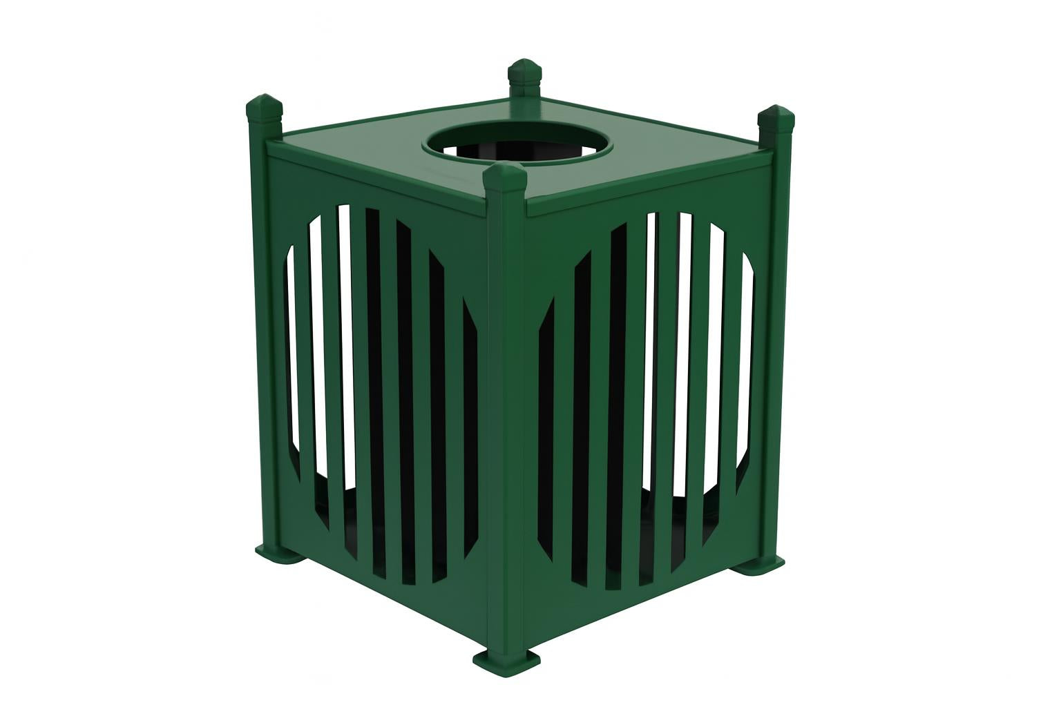 Savannah Receptacle green metal square outdoor trash receptacle with vertical slats and open top in landscaped park setting