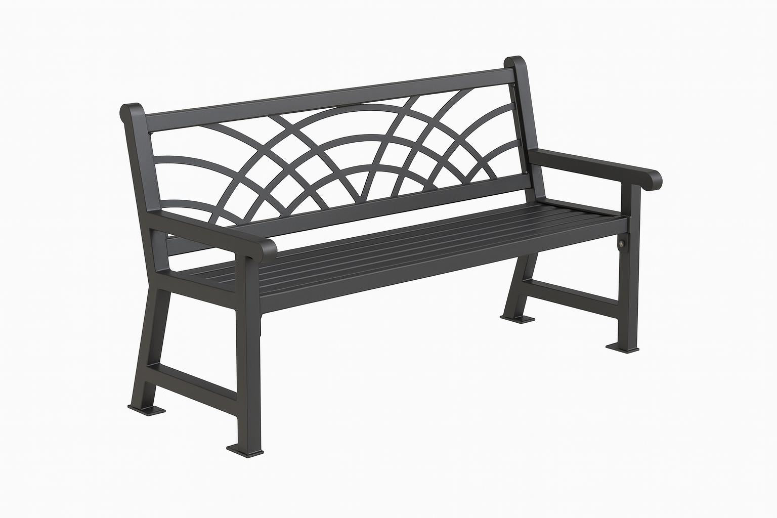 Savannah Morning Bench outdoor metal bench with curved decorative backrest and armrests, dark finish, on concrete near raised flower bed